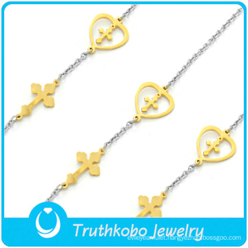 Wholesale Two Tone Gold Silver Christ Religious Cross Stainless Steel Heart Charm Chain Bracelet